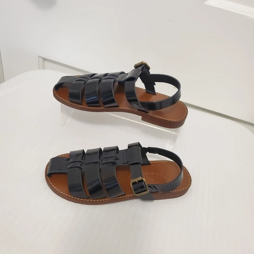 NWOB J. Crew Fisherman Spazzolato Shiny Black Leather Sandals Size 5